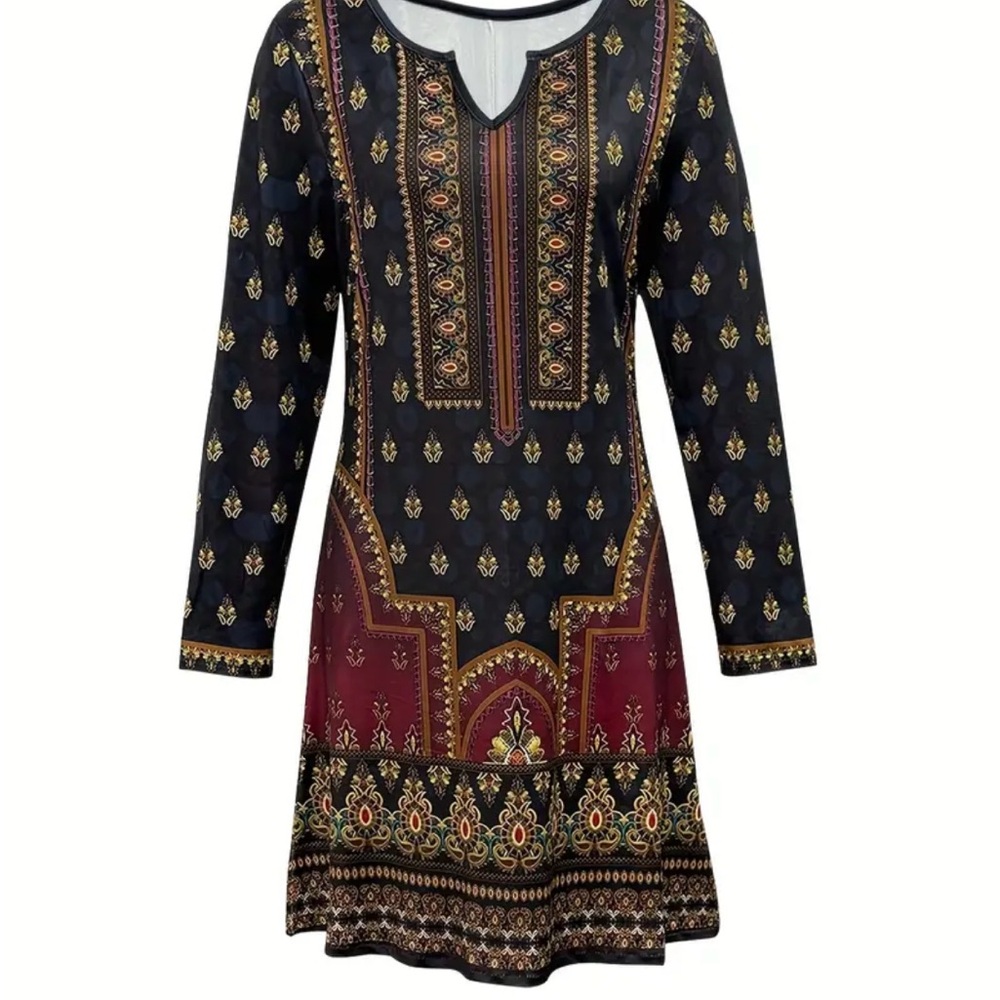 Bohemian Black and Red Long Sleeve Dress